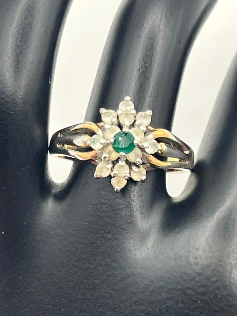 14k gold electroplate green & clear rhinestone cluster cocktail ring sz 8.75